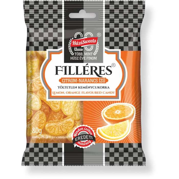 Filléres Citrom-Narancs Ízű Töltetlen Keménycukorka 80g Filléres Citrom-Narancs Ízű Töltetlen Keménycukorka 80g