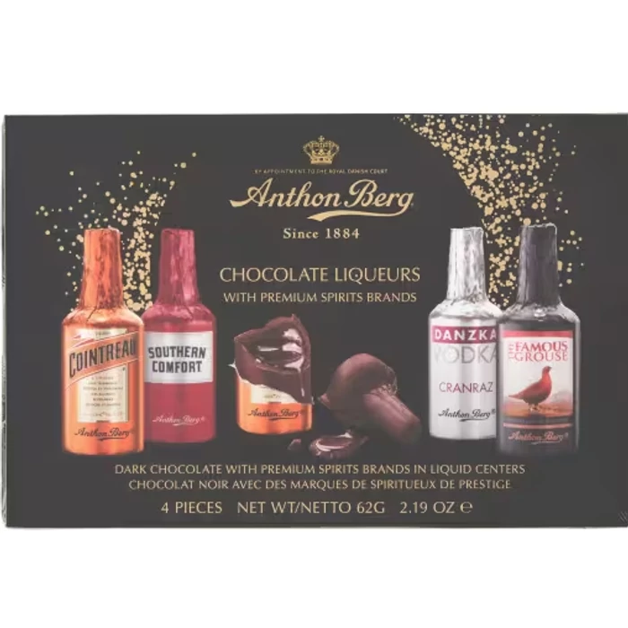 Anthon Berg Eredeti Likőrökkel Töltött Étcsokoládé Üvegek 62g (4db-os) Anthon Berg Eredeti Likőrökkel Töltött Étcsokoládé Üvegek 62g (4db-os)