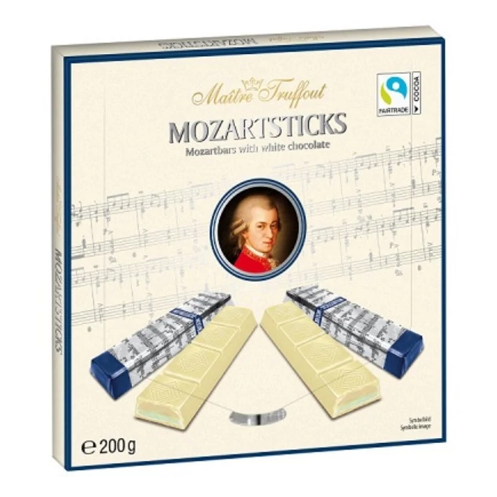 Maitre Truffont Mozartsticks -marcipán és pisztácia krémmel töltött fehércsokoládé táblácskák 200g Maitre Truffont Mozartsticks -marcipán és pisztácia krémmel töltött fehércsokoládé táblácskák 200g