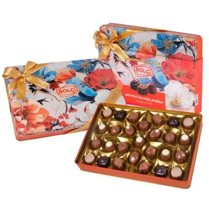 Exclusive Orange Flower fémdobozos kézműves praliné válogatás táskával  250g