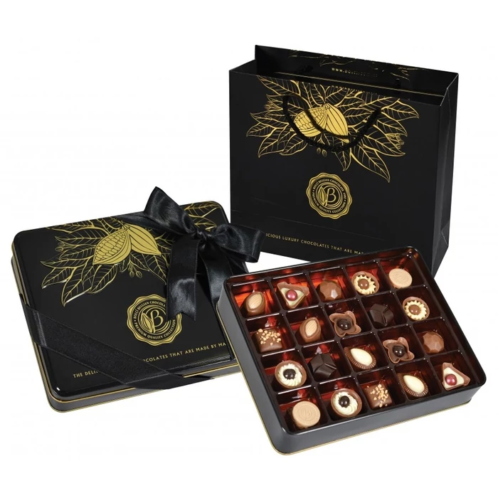 Exclusive Black fémdobozos kézműves praliné válogatás táskával Belga Csokoládéból 250g Exclusive Black fémdobozos kézműves praliné válogatás táskával Belga Csokoládéból 250g