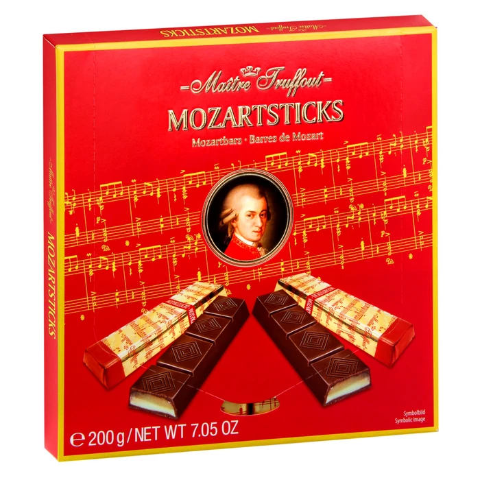 Maitre Truffont Mozartsticks -marcipán és pisztácia krémmel töltött étcsokoládé táblácskák 200g Maitre Truffont Mozartsticks -marcipán és pisztácia krémmel töltött étcsokoládé táblácskák 200g
