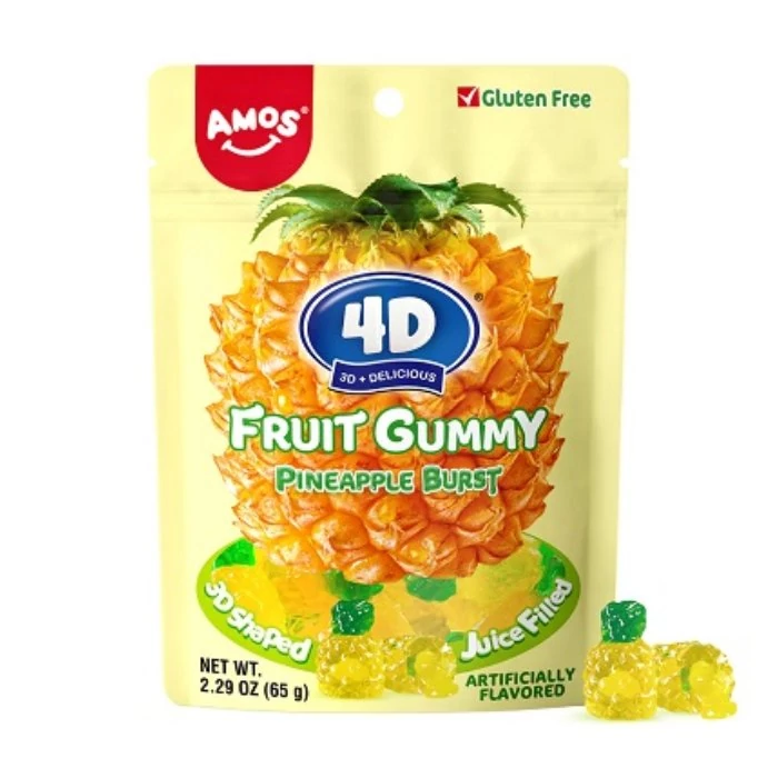 Amos 3D-s Ananász Gyümölcsformájú Gluténmentes  Ananászlével Töltött Gumicukor 65g