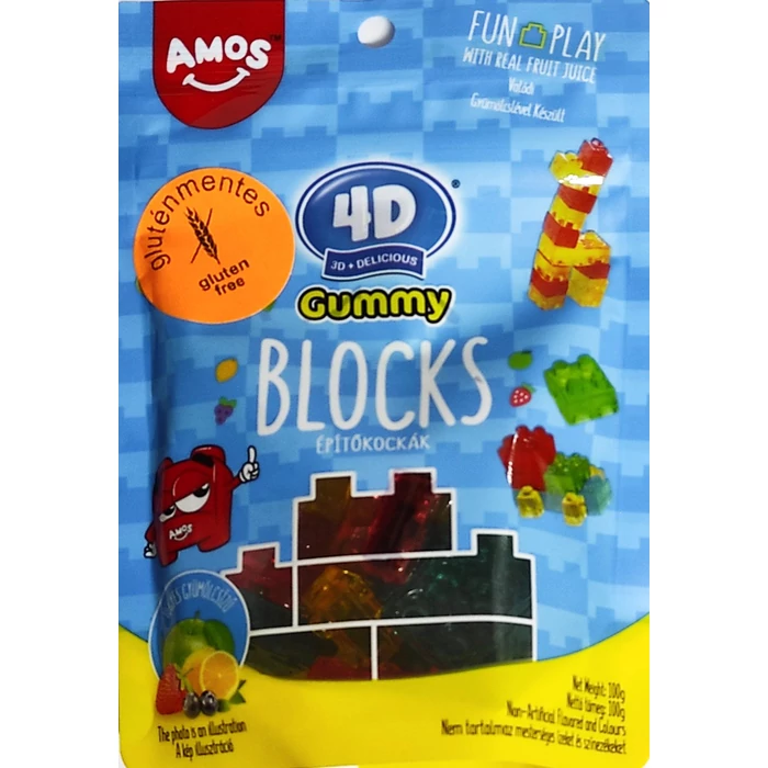 Amos 4D-s Építőkockás Gluténmentes Gumicukor Valódi Gyümölcstartalommal 72g