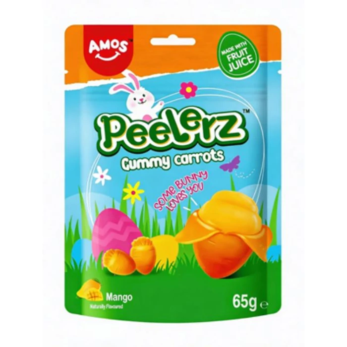 Amos Peelerz Carrots Húsvéti Hámozható Gyümölcs Ízű Gumicukor Valódi Gyümölcstartalommal 65g