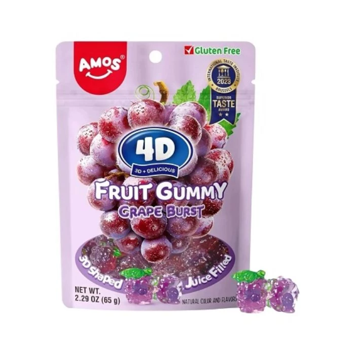 Amos 3D-s Szőlő Gyümölcsformájú Gluténmentes Szőlőlével Töltött Gumicukor 65g