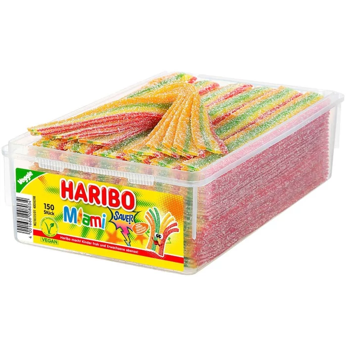 Haribo Vegan Miami Savanyú Vegyes Gyümölcs Ízű Szíj 1125g(150db)
