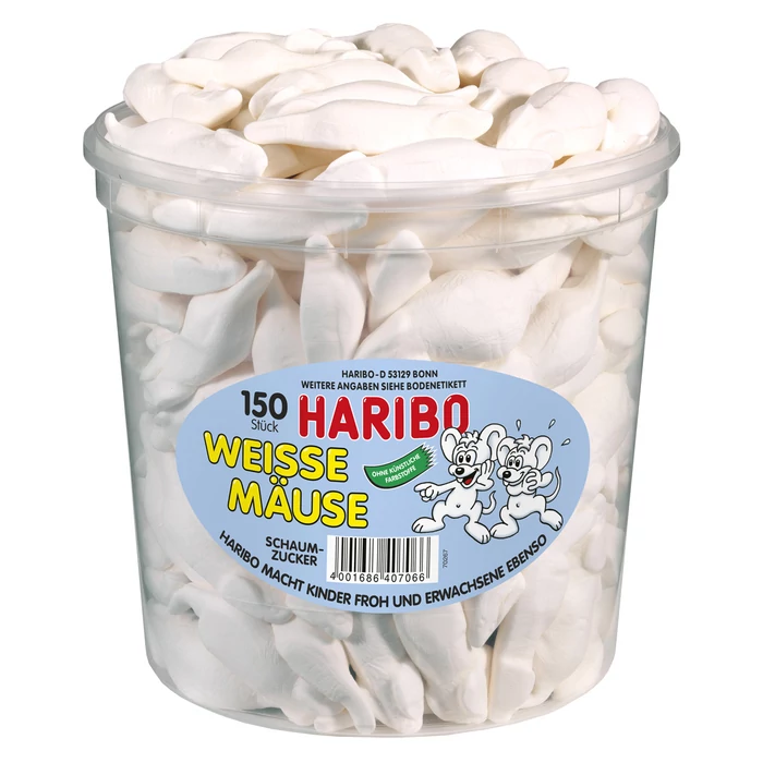 Haribo Tégelyes Fehér Egerek Habcukor 1050g (150Db) Haribo Tégelyes Fehér Egerek Habcukor 1050g (150Db)