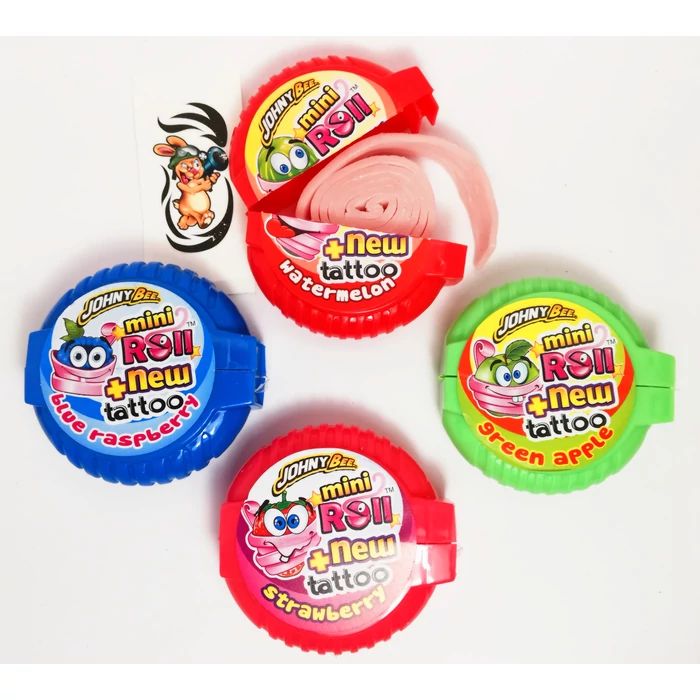 Mini Roll méteres rágógumi tetoválással (eper, áfonya, görögdinnye és zöld alma ízekben) 18g Mini Roll méteres rágógumi tetoválással (eper, áfonya, görögdinnye és zöld alma ízekben) 18g