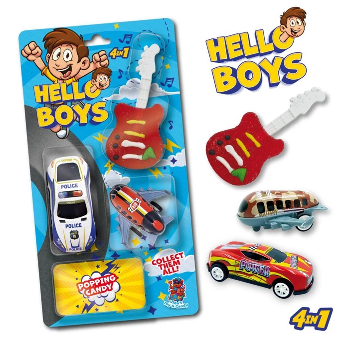 Hello Boys Szett Gyümölcs Ízű Gumicuko és Pattogós Cukorka Játékkal 16,5g 