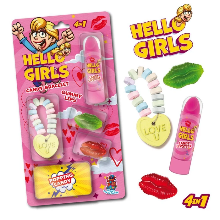 Hello Girls Szett Gyümölcs Ízű Gumicukor, Nyalóka,Préselt és Pattogós Cukorka 24,5g 
