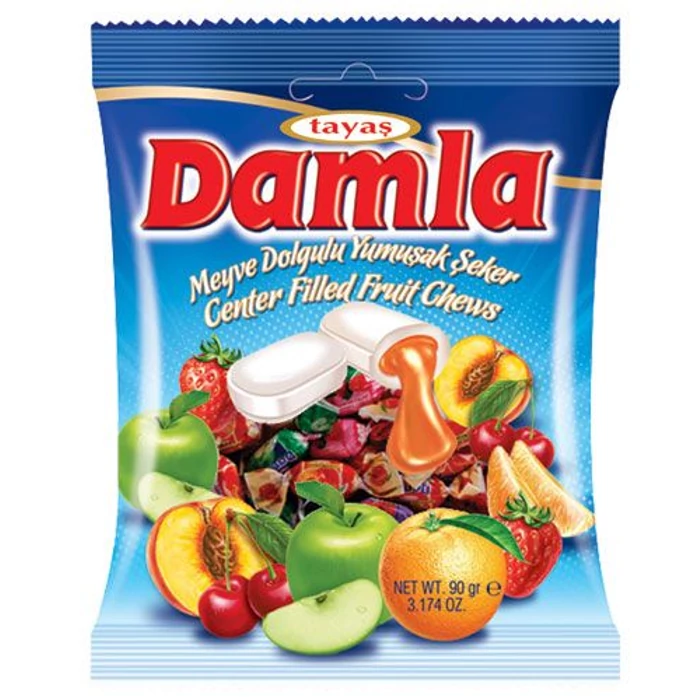 Damla vegyes, gyümölcs izű töltelékkel töltött puha karamella 90g