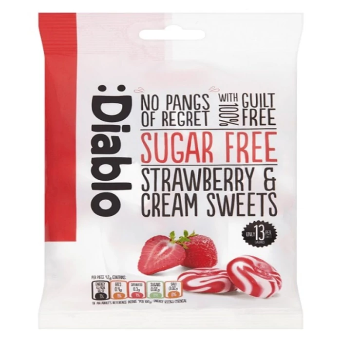 Diablo Eper Ízű Tejszínes Cukormentes Cukorka Édesítőszerrel 75g Diablo Eper Ízű Tejszínes Cukormentes Cukorka Édesítőszerrel 75g