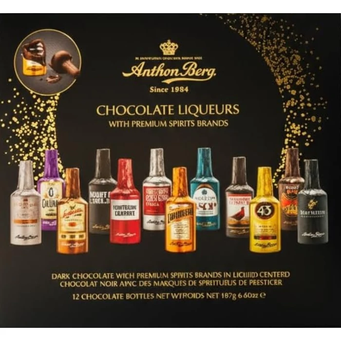 Anthon Berg Eredeti Likőrökkel Töltött Étcsokoládé Üvegek 187g (12db-os)