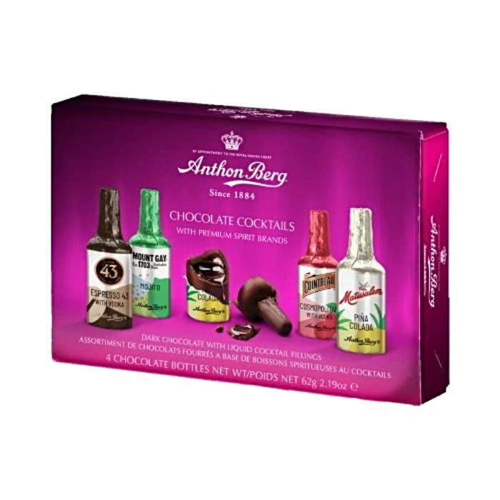Anthon Berg Koktéllal Töltött Étcsokoládé Üvegek 62g (4db-os)