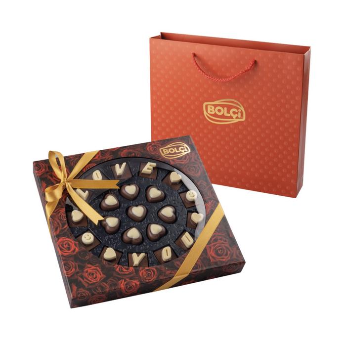 I Love You  Tej és Fehér Csokoládé Betűk Töltött Csokoládé Szívekkel (Roses) 180g