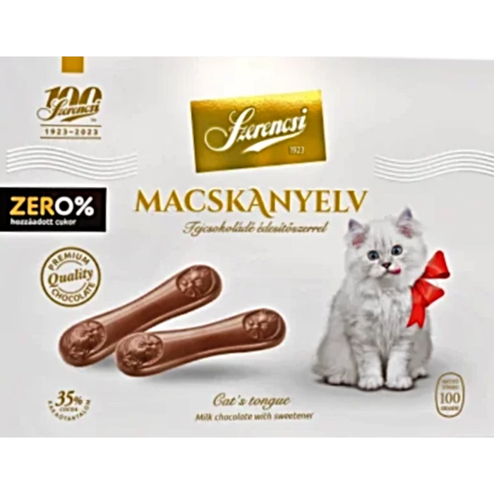 Szerencsi Zéró Minőségi Tejcsokoládé Macskanyelv Édesítőszerrel 100g