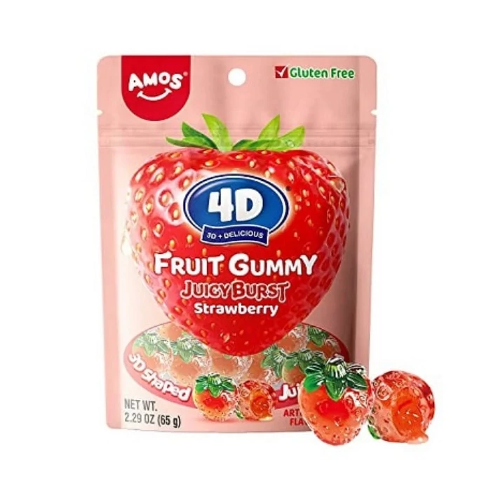 Amos 3 D Eperalakú Eper  Ízű Gumicukor Valódi Gyümölcstartalommal 65g