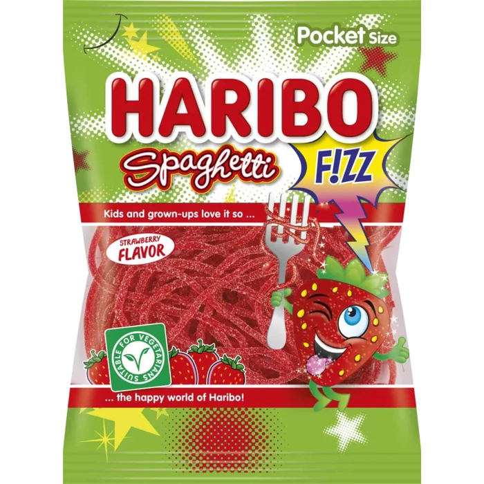 Haribo Vegetáriánus Savanykás Eper Ízű Spagetti Gumicukor 75g