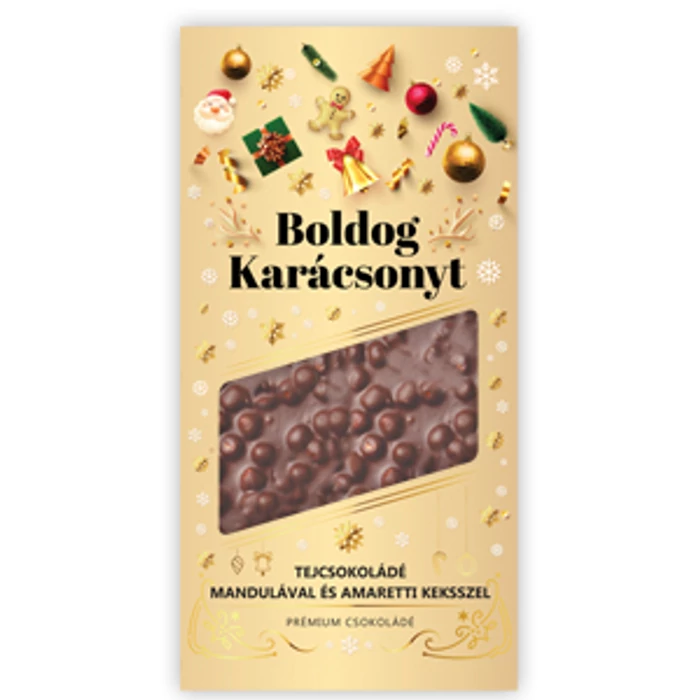 Boldog Karácsonyt Prémium Tejcsokoládé Mandulával és Amaretti Keksszel 100g