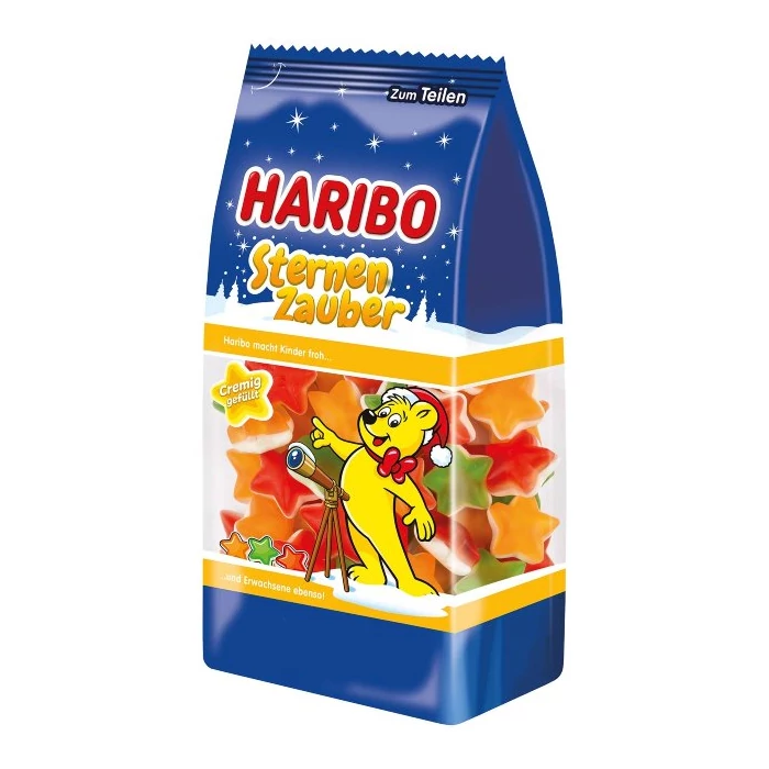 Haribo Karácsonyi  Star Magic Gyümölcsízű Gumicsillagok Habcukorral 250g