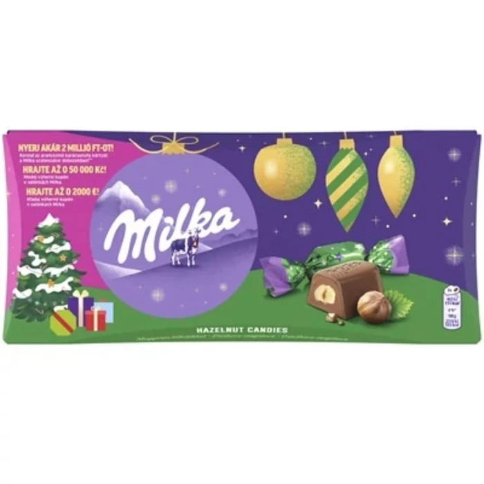 Milka Alpesi Tejcsokoládé Szaloncukor Mogyorós Krémtöltelékkel és Egész Mogyoróval 255g