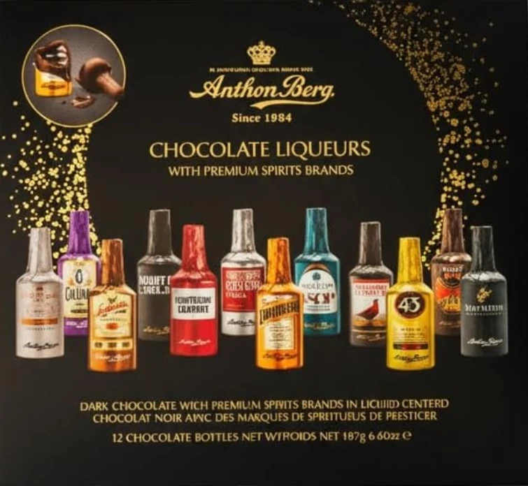 Anthon Berg Eredeti Likőrökkel Töltött Étcsokoládé Üvegek 187g (12db-os)