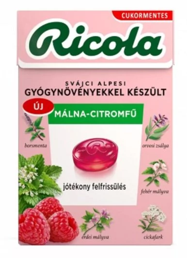 Ricola Málna-Citromfű Gyógynövényes Cukormentes Cukorka 40g
