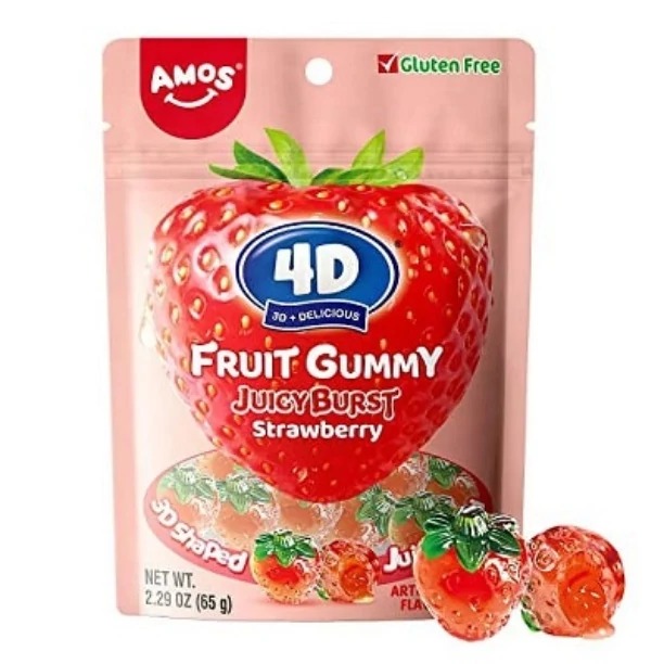 Amos 3 D Eperalakú Eper  Ízű Gumicukor Valódi Gyümölcstartalommal 65g
