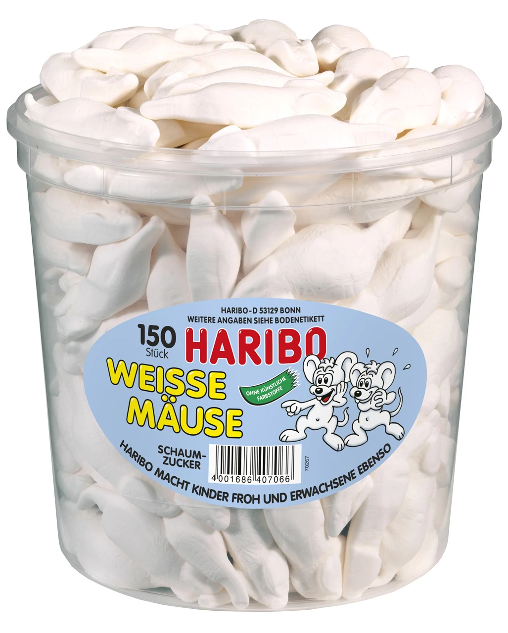 Haribo Tégelyes Fehér Egerek Habcukor 1050g (150Db)