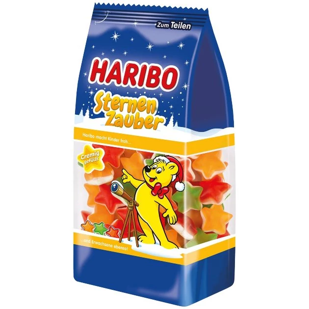 Haribo Karácsonyi  Star Magic Gyümölcsízű Gumicsillagok Habcukorral 250g