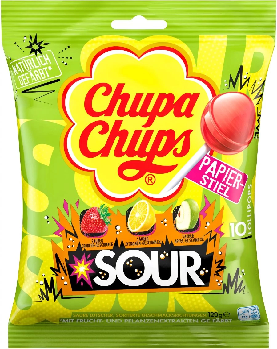 Chupa Chups Sour Vegyes Gyümölcs  Ízű nyalóka 120 g (12db-os)